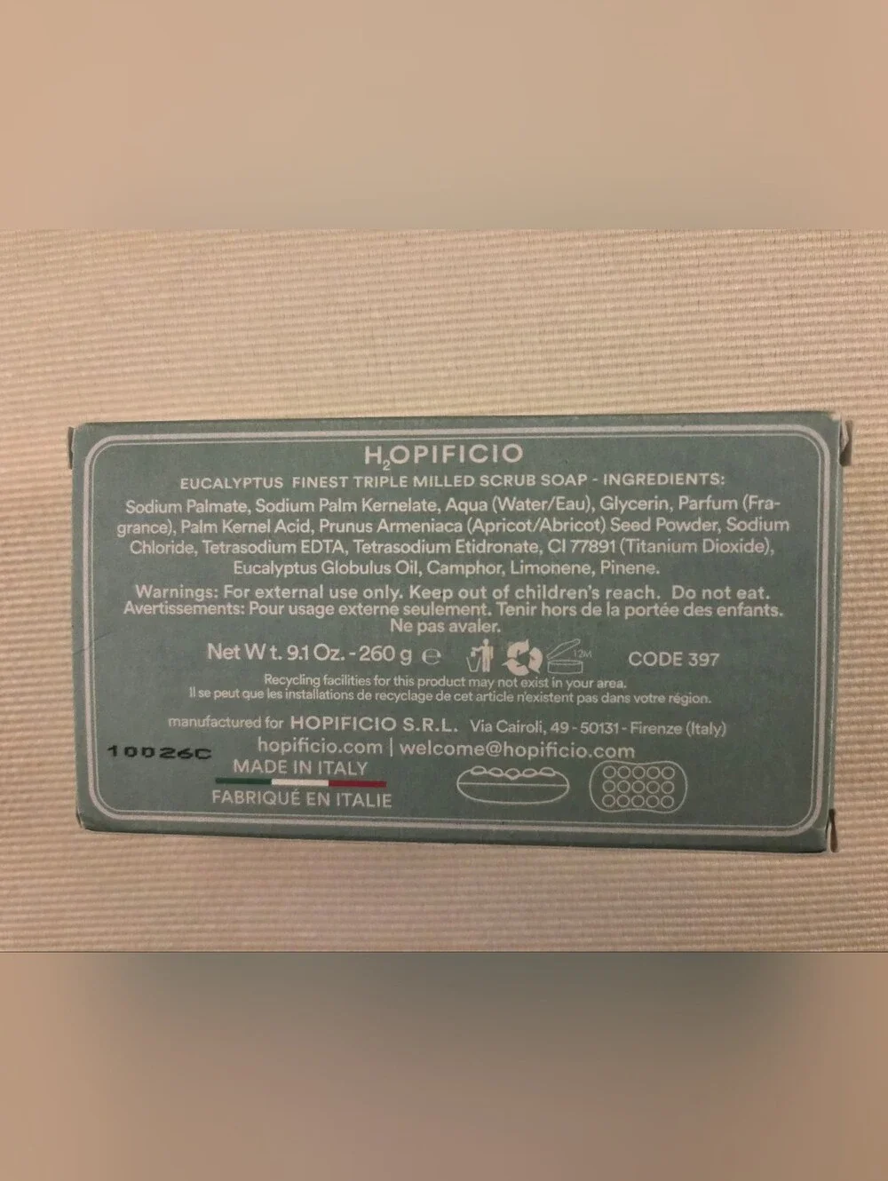 Eucalyptus Triple-Milled Scrub Soap - Made In Italy. 9.1 Oz Triple Milled Soap B